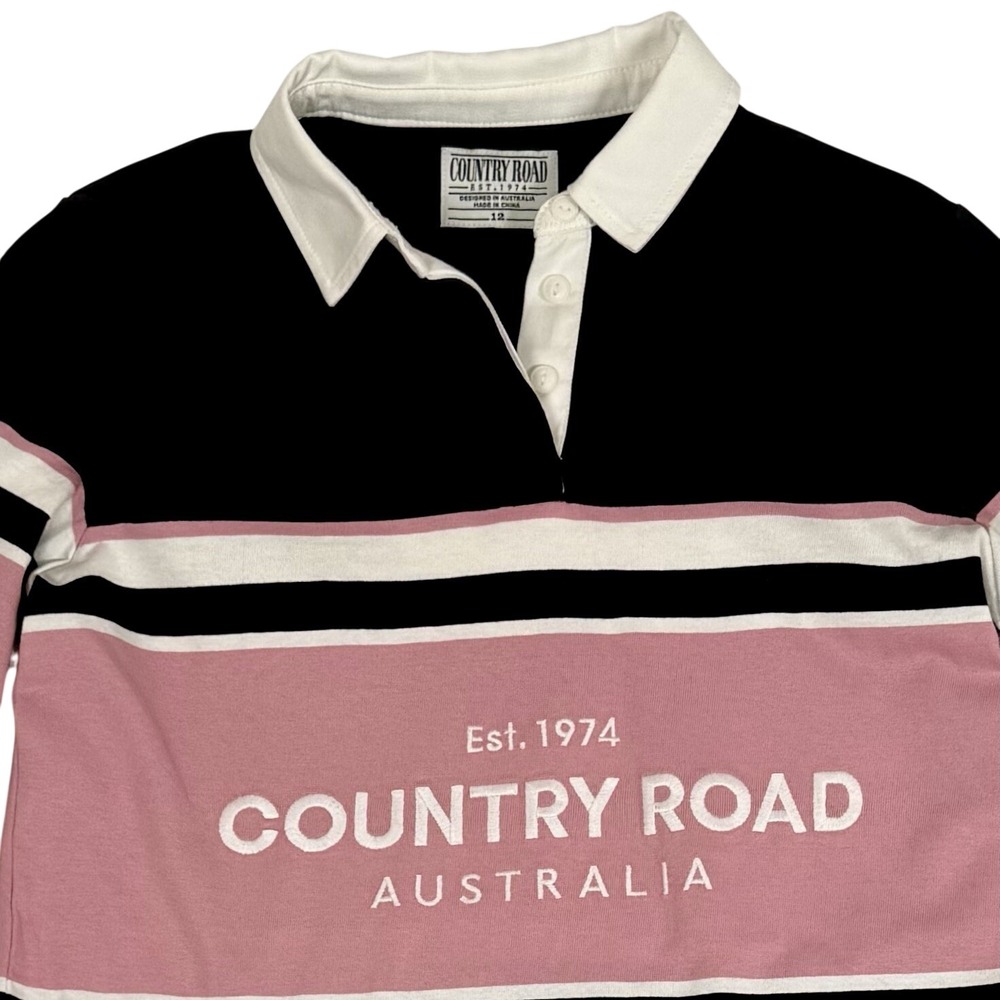 Country Road CR Stripe Rugby Dress Teens 12 Pink Black Polo Collar Cotton